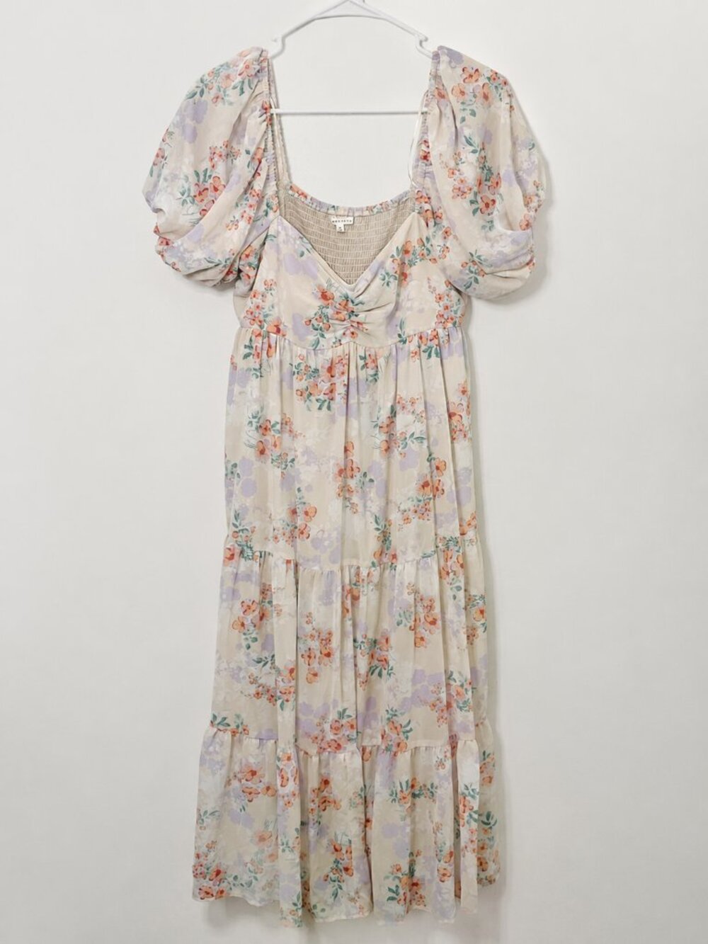 Baevely Cream Floral Puff Sleeve Tiered Maxi Dress Medium